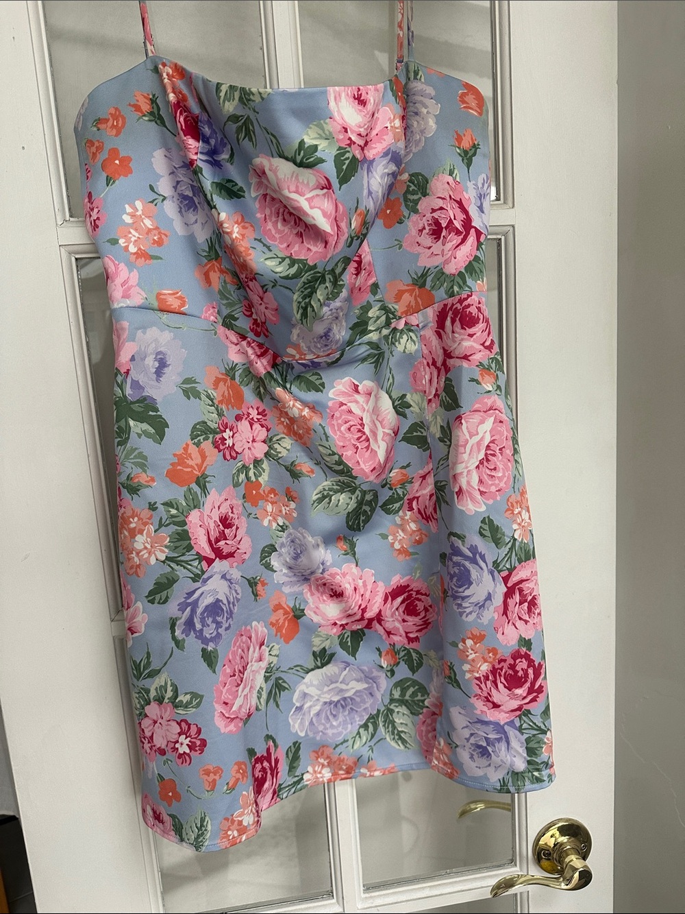 Park & Fifth Light Blue Floral Spaghetti-Strap Dress with Pink & Purple Roses